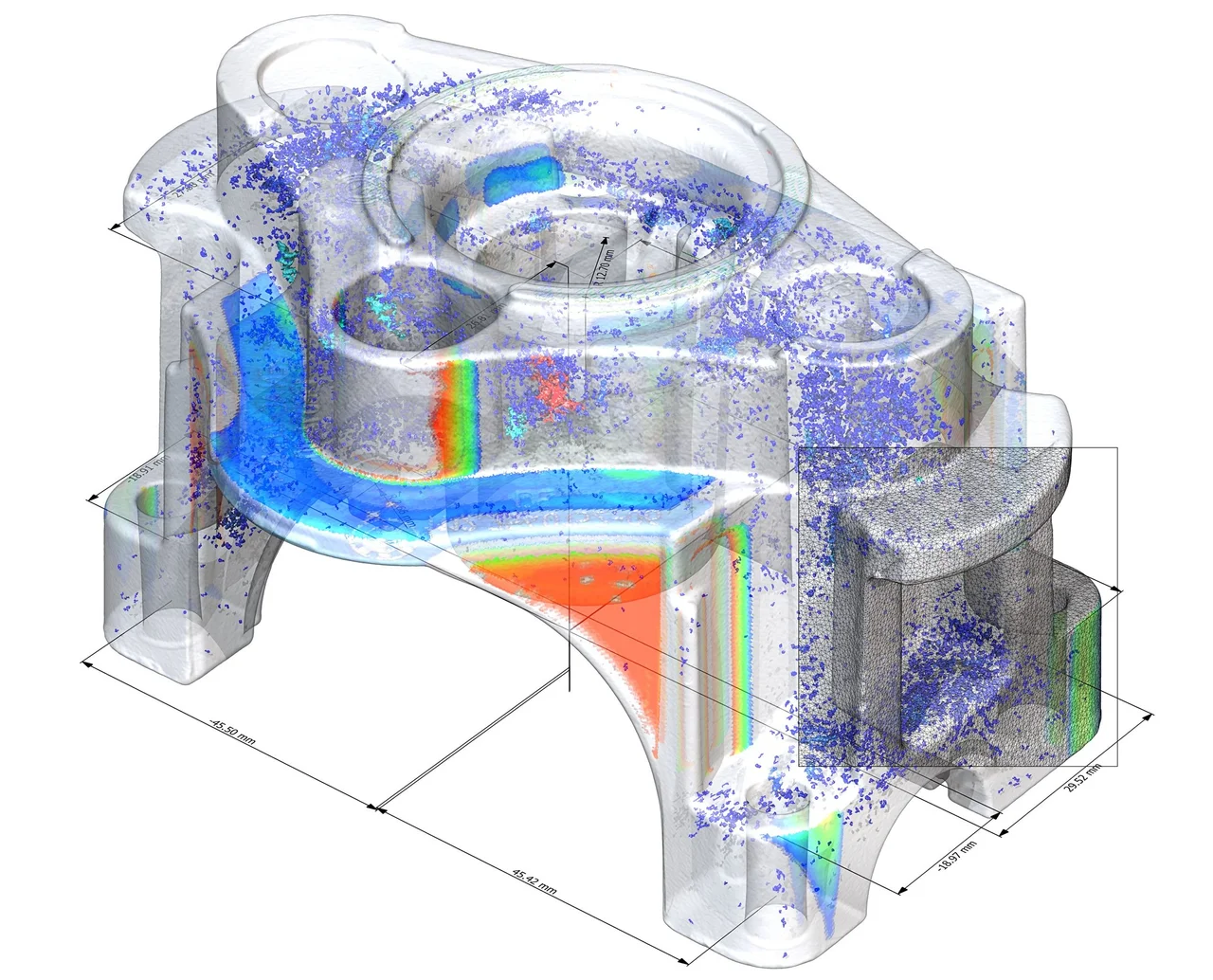 Cast parts with color-coded results for dimensional measurements, wall thickness analysis, 3D porosity inspection, and effect of defect simulation