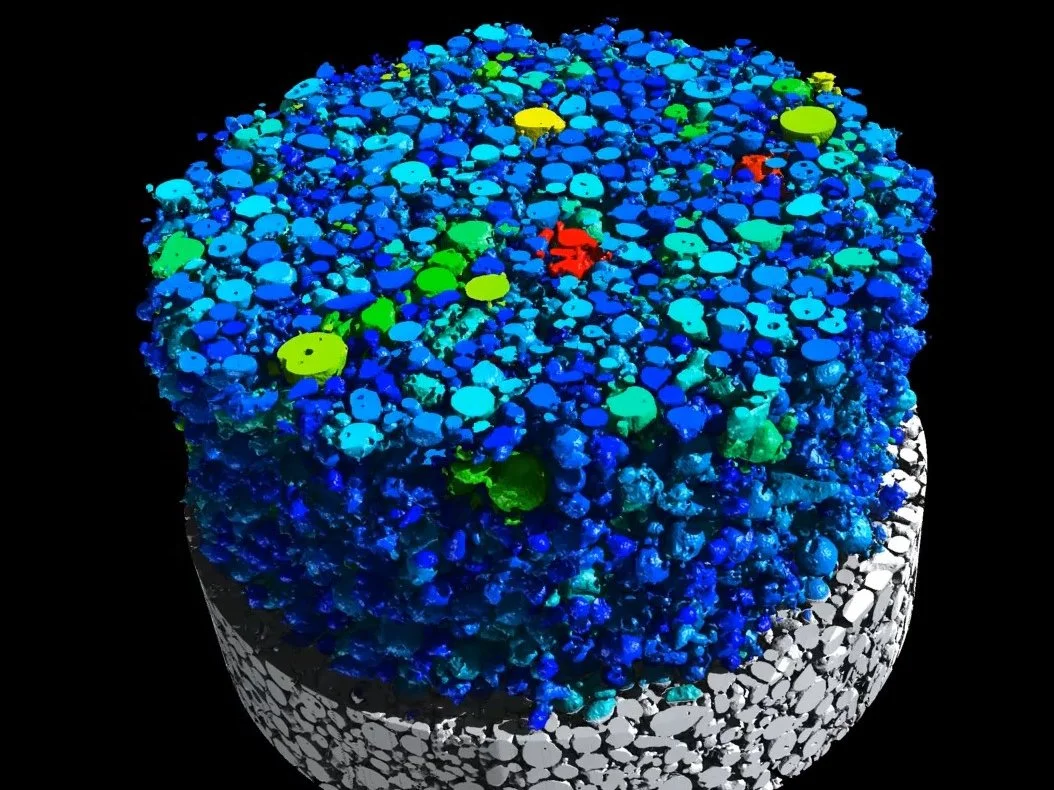 Particles within the active material of batteries separated and color coded with respect to the grain size